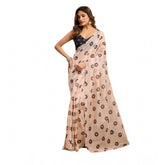 Light peach linen cotton printed ready-to-wear saree with unstitched blouse (5.5 mtr) - vibrant floral design for traditional Indian fashion