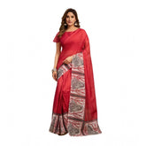 Red linen cotton printed ready-to-wear saree with unstitched blouse, 5.5 mtr