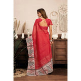 Women's Linen Cotton Printed Ready To Wear Saree With Unstitched Blouse 5.5 Mtr (Red)