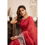 Women's Linen Cotton Printed Ready To Wear Saree With Unstitched Blouse 5.5 Mtr (Red)