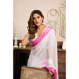 Women's Linen Cotton Printed Ready To Wear Saree With Unstitched Blouse 5.5 Mtr (Light_White)