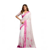 Light-white linen cotton printed ready-to-wear saree with unstitched blouse, vibrant Indian fashion accessory for women