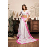 Women's Linen Cotton Printed Ready To Wear Saree With Unstitched Blouse 5.5 Mtr (Light_White)