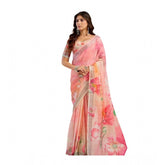 Light peach linen cotton printed ready-to-wear saree with unstitched blouse (5.5 mtr) - traditional Indian fashion accessory for women