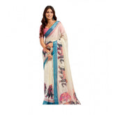 Cream linen-cotton printed ready-to-wear saree with unstitched blouse (5.5 mtr)