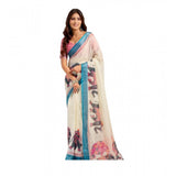 Women's Linen Cotton Printed Ready To Wear Saree With Unstitched Blouse 5.5 Mtr (Cream)