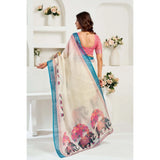Women's Linen Cotton Printed Ready To Wear Saree With Unstitched Blouse 5.5 Mtr (Cream)