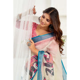 Women's Linen Cotton Printed Ready To Wear Saree With Unstitched Blouse 5.5 Mtr (Cream)