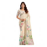Light beige linen cotton printed ready-to-wear saree with unstitched blouse (5.5 mtr) - vibrant Indian fashion accessory