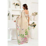 Women's Linen Cotton Printed Ready To Wear Saree With Unstitched Blouse 5.5 Mtr (Light_Beige)
