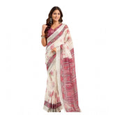 Off-white linen cotton printed ready-to-wear saree with unstitched blouse (5.5 mtr)