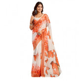Orange linen cotton printed ready-to-wear saree with unstitched blouse (5.5mtr) on mannequin