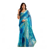 Blue linen-cotton printed ready-to-wear saree with unstitched blouse (5.5 mtr)