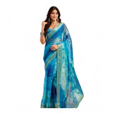 Women's Linen Cotton Printed Ready To Wear Saree With Unstitched Blouse 5.5 Mtr (Blue)