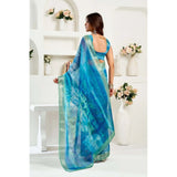 Women's Linen Cotton Printed Ready To Wear Saree With Unstitched Blouse 5.5 Mtr (Blue)