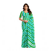 Green linen cotton printed ready-to-wear saree with unstitched blouse, 5.5 mtr (Green linen cotton printed saree set)
