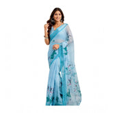 Sky Blue linen cotton printed ready-to-wear saree with unstitched blouse (5.5mtr)