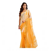 Yellow linen cotton printed ready-to-wear saree with unstitched blouse (5.5 mtr)