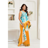 Women's Linen Cotton Printed Ready To Wear Saree With Unstitched Blouse 5.5 Mtr (Aqua_Blue)