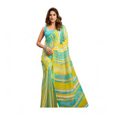Light Aqua Blue linen-cotton printed ready-to-wear saree with unstitched blouse, featuring a pocket design