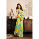 Women's Linen Cotton Printed Ready To Wear With Pocket Saree With Unstitched Blouse 5.5 Mtr (Light_Aqua_Blue)
