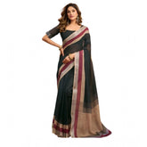 Black linen-cotton plain ready-to-wear saree with unstitched blouse, ideal for traditional Indian wear