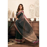Women's Linen Cotton Plain Ready To Wear With Pocket Saree With Unstitched Blouse 5.5 Mtr (Black)