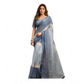 Light Blue Linen-Cotton Printed Ready To Wear Saree Set with Unstitched Blouse, 5.5 Mtr