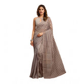 Light brown linen cotton printed ready-to-wear saree with unstitched blouse, vibrant floral pattern for traditional Indian wear (5.5 Mtr)