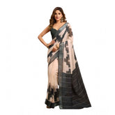Light_Beige linen cotton printed ready-to-wear saree with pocket and unstitched blouse, traditional Indian fashion accessory