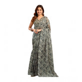 Grey linen cotton printed ready-to-wear saree with pocket and unstitched blouse, vibrant pattern on display