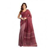 Maroon linen-cotton printed ready-to-wear saree with pocket and unstitched blouse, vibrant floral pattern on 5.5m fabric