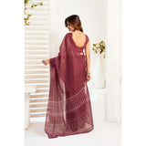 Women's Linen Cotton Printed Ready To Wear With Pocket Saree With Unstitched Blouse 5.5 Mtr (Maroon)