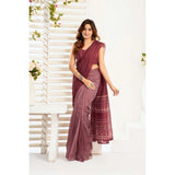 Women's Linen Cotton Printed Ready To Wear With Pocket Saree With Unstitched Blouse 5.5 Mtr (Maroon)