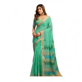 Light green linen-cotton printed ready-to-wear saree with unstitched blouse, vibrant Indian style fashion accessory