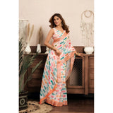 Women's Linen Cotton Printed Ready To Wear With Pocket Saree With Unstitched Blouse 5.5 Mtr (Multicolor)