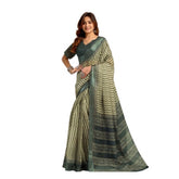 Olive linen cotton printed ready-to-wear saree with pocket and unstitched blouse (5.5 mtr) - vibrant print detail on traditional Indian wear