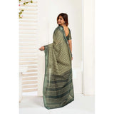 Women's Linen Cotton Printed Ready To Wear With Pocket Saree With Unstitched Blouse 5.5 Mtr (Olive)