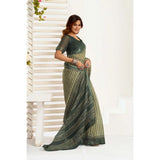 Women's Linen Cotton Printed Ready To Wear With Pocket Saree With Unstitched Blouse 5.5 Mtr (Olive)