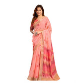Peach linen-cotton printed ready-to-wear saree with unstitched blouse, vibrant floral pattern on 5.5m fabric
