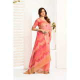 Women's Linen Cotton Printed Ready To Wear With Pocket Saree With Unstitched Blouse 5.5 Mtr (Peach)