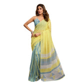 Light-yellow linen cotton printed ready-to-wear saree with unstitched blouse, vibrant pattern details on display