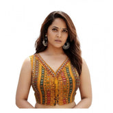 Mustard cambric cotton v-neck padded blouse with self-alterable size (36-40), foil print design on short sleeves