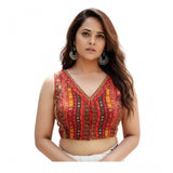 Women's Cambric Cotton V Neck Padded Blouse (Red, 38 Ready Size (Self-Alterable 36–40)