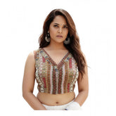 White cambric cotton v-neck padded blouse, self-alterable 36-40 size, foil print pattern on short sleeves