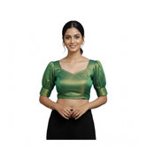 Green Erode Silk V-neck padded blouse with short balloon sleeves (size 38 self-alterable 36-40)
