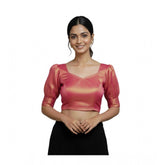 Pink Erode Silk V-Neck Padded Blouse (Ready Size 38, Self-Alterable 36-40) - Solid pink blouse with short balloon sleeves on a fashion mannequin