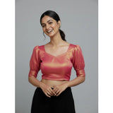 Women's Erode Silk V Neck Padded Blouse (Pink, 38 Ready Size (Self-Alterable 36–40)