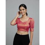 Women's Erode Silk V Neck Padded Blouse (Pink, 38 Ready Size (Self-Alterable 36–40)