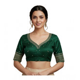 D-Green Vichitra Silk V-Neck Padded Blouse with Lotus Embroidery & Sequences, women's ready size 38 (self-alterable 36–40)